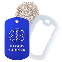 Blood Thinner Medical Alert ID Necklace with Blue Tag, White Silencer, and 30'' USA Chain - 154 Color Choices