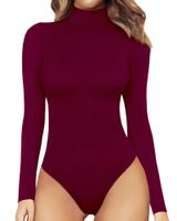 MANGOPOP Women's Mock Neck/Turtle Neck Long Sleeve Modal Bodysuit Jumpsuit (Mock Neck - Burgundy, X-Small)