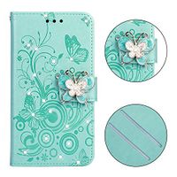 Cfrau Diamond Case with Black Stylus for iPhone XS Max,Luxury Magnetic Crystal 3D Handmade Butterfly Flower Bling Stand Wallet PU Leather Shockproof Case for iPhone XS Max,Mint Green