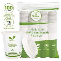 FEEDMI Paper Coffee Cups with Lids - 100% Compostable Eco-friendly 12 oz PLA Lined Hot Cups & Lids - Set of 100