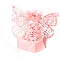 20Pcs Elegant Cutout Butterfly Candy Boxes with Ribbons for Birthday Wedding - Pink Ameesi