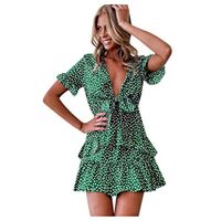 Kiminana Women Summer Sweet Ruffle Beach Sundress Retro Polka Dot Print Holiday Dress Casual V-Neck Short Sleeve Mini Dress