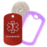 Pacemaker Medical Alert ID Necklace with Red Tag, Purple Silencer, and 30'' USA Chain - 154 Color Choices