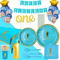 Trgowaul 1st Birthday Party Supplies - Blue Disposable Dinnerware Set, Paper Plates, Napkins, Cups, Forks, Knives, Spoons, Cake Topper, Tablecloth, Straws and Balloons Decorations Banner, Serves 16