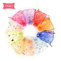 Organza Bags, Mesh Sachet Bags Wedding Favour Bags with Stain Drawstring Party Gift Bags for Presents, Small Jewellery Pouches Packing, 100pcs (Mixed Heart, 9cm*12cm)