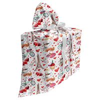 Ambesonne Romantic Fabric Gift Bag, Valentines Day Love Themed Paris Coffee Wine Parfumes Bikes with Heart Backdrop, Present Sack for Baby Showers Birthdays with 3 Ribbons, 27" X 32", Red Coral