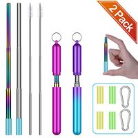 Collapsible Straw - Comvin Metal Reusables Stainless Steel Telescopic Portable Drinking Travel Straws with Aluminum Case and Washing Brush for Cold or Hot Drinks, 2 Pack Rosy/Mint Purple