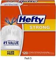 Hefty Strong Tall Kitchen Trash Bags, Unscented, 13 Gallon, 120 Count, 5 Pack