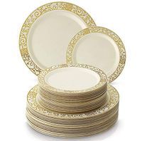 Silver Spoons 1016 Party Disposable 40 PC DINNERWARE Set Dinner 20 Salad Plates | Heavy Duty Dishes | Elegant Fine China Look | Upscale Wedding and Dining, Servings, Gold