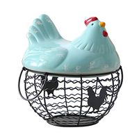 Bigens Egg Storage Basket,Chicken Design Egg Basket with Blue Ceramic Farm Chicken Top and Handles