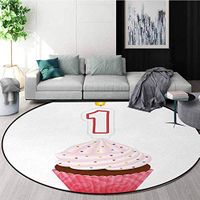 1St Birthday Modern Washable Round Bath Mat,Kitchen Cuisine Inspired Pastry Delicious Cupcake Party with Candle Non-Slip Bathroom Soft Floor Mat Home Decor Round-63 Inch,Hot Pink and White