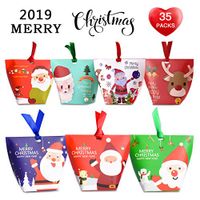 Christmas Candy Boxes, 35pcs of 7 Patterns（Santa/Reindeer/Christmas Tree）3D with Small Label and Gift Cord，Cute Box for Chocolate, Treats, and Cookies