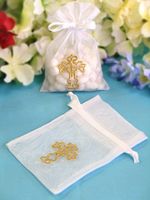White Sheer Organza Bag with Gold Embroidered Cross (3.25in. W x 4.75in. L) - pack of 12