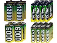 16 AA (2900 mAh) + 16 AAA (1200 mAh) + 4 C (6000 mAh) + 4 D (12000 mAh) NiMH AccuPower Batteries