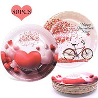 Valentines Day Plates Party Supplies - Paper Red Heart Dinnerware Platters Set Decor, Disposable Plate Favor for Valentine’s Day Dessert Cake BBQ Dishes Tableware Decoration, 9'' Round Plates 50-Count