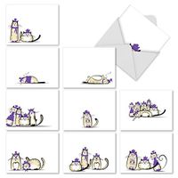 10 Cute ‘Purple Purrs' Thank You Cards with Envelopes 4 x 5.12 inch, Cards with Illustrations of Cats in Purple Clothing, Boxed Thank You Note Cards, Bulk Set of Note Cards M2966