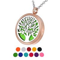 HOUSWEETY Aromatherapy Essential Oil Diffuser Necklace-Stainless Steel Tree of Life Locket Pendant,11 Refill Pads (Non-engraving)