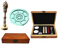 MNYR Vintage Compass Ship Steering Wheel Decorative Luxury Wood Box Silver Metal Peacock Wedding Invitations Gift Cards Stationary Envelope Custom Wax Seal Sealing Stamp Sticks Melting Spoon Box Set