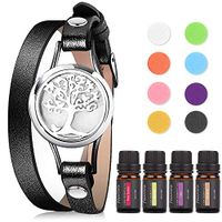 Faurora Floral Essential Oil Bracelet Gift Set, Tree of Life Aromatherapy Diffuser Chain with 4 x 10 ML Aroma Essential Oils (Gardenia, Jasmine, Rose Garden, Lilac), Nice Gifts for Women (Black)