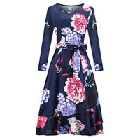 BBFairy Women's Vintage Printed Dress Long Sleeve with Belt Christmas Casual Party Evening Dress Navy