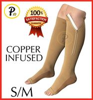 Presadee Copper Infused Open Toe 20-25 mmHg Zipper Compression Reduce Swelling Leg Calf Fatigue Knee Length Long Sock (Beige, S/M)