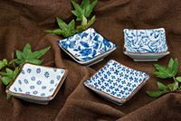 Authentic Japanese Porcelain Square Shape Condiment or Sauce Dish for Appetizer Dessert Salad Snack Candy Fruit Multi Purpose Platter Dishes 3.5 Inch Square Assorted Designs 4 Piece Pack Made in Japan
