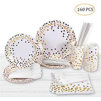 esonmus Disposable Paper Plates&Cups 20 Set, Gold Dot Disposable Cups Dinner Plates Dessert Plates Straws Spoons Forks Cutters Napkins - Baby Shower, Wedding, New Year Birthday Party Supplies - 160pcs