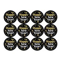 Happy New Year Stickers Seals Gold Labels - (Pack of 120) 1.57" Large Round Gold Foil Stickers Stamping on Black for New Year Cards Gift Envelopes Boxes