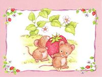 Animal Themed Set of 8 Blank Notecards ~ Mice Carrying Berry (5.25" x 4"; Pink Envelopes)