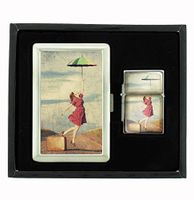 Umbrella Girl Vintage Traveler Cigarette Case and Flip Top Oil Lighter Set
