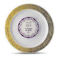 [10 Count - 7 Inch Plates] Laura Stein Designer Tableware Premium Heavyweight Plastic White Appetizer - Salad Plates With Gold Border, Party & Wedding Plate, Lace Series, Disposable Dishes