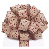 Burton and Burton 9730926#9 Khaki/Red Berries Wired Ribbon, Multicolor