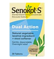 Senokot-S Dual Action 30 Tablets, Natural Vegetable Laxative Ingredient Plus Stool Softener Tablets, Gentle Dependable Overnight Relief of Occasional Constipation