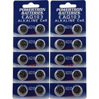 Powertron AG10 / LR55 / LR1130 Alkaline Button Cells, 1.5V, 20 cells