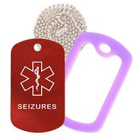 Seizures Medical Alert ID Necklace with Red Tag, Purple Silencer, and 30'' USA Chain - 154 Color Choices