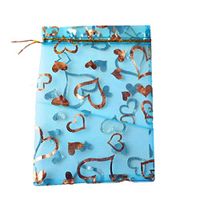 100pcs Organza Wedding Party Gift Bags Heart Pattern Sheer Drawstring Pouches Jewelry Gift Bags Christmas Party Gift Favor Bags (Sky Blue, 6"x9")
