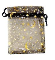 SUNGULF 100Pcs Sheer Organza Drawstring Pouches Stars and Moon Wedding Party Favor Jewelry Candy Gift Bags (5x7 inch, Black)