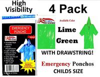 VAS First Response 4 HIGH Visibility Double Strength 5 MIL Childs NEON Green 50" x 33" Emergency Hooded RAIN Poncho with HODD, Sleeves & Draw String