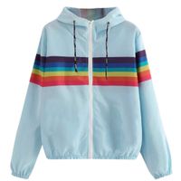Behkiuoda Women Hooded Coat Sport Jacket Long Sleeve Rainbow Stripe Patchwork Sweatshirt Pullover Overcoat Blouse