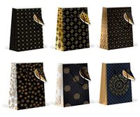 Gold Black Premium Gift Bags, Medium, Gift Bags (Family), Qty 6 (one of Each Design)