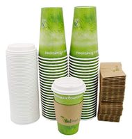 Special Green Grass Design Paper Hot Coffee Cups with Cappuccino Lids and Protective Corrugated Cup Sleeves, 50 Count (Green grass, 16 OZ)