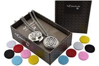 Tree of Life and Flower with CZ's Essential Oil Diffuser Necklace Stainless Steel t Pendants with 24" Chains + 12 Refill Pads
