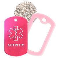 Autistic Medical Alert ID Necklace with Pink Hot Tag, Pink Silencer, and 30'' USA Chain - 154 Color Choices