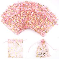 100Pcs Organza Gift Bags 3.5x4.7 Inch Sheer Organza Bag Drawstring Mesh Pouches Heart Design Drawstring Mesh Bags for Baby Shower Christmas Gifts Wedding Party Jewelry Favor, Pink