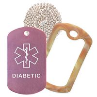 Diabetic Medical Alert ID Necklace with Pink Tag, Camo Desert Silencer, and 30'' USA Chain - 154 Color Choices
