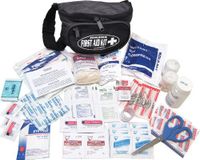 Hikers First Aid Kit Black nylon fanny pack with adjustable waist band Three co by Elite First Aid