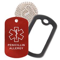 Penicillin Allergy Medical Alert ID Necklace with Red Tag, Black Silencer, and 30'' USA Chain - 154 Color Choices