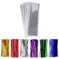 200 Pack 2" x 10" Clear Long Candy Cello Cellophane Treat Bags - 1.4mil thickness OPP Plastic Bags with 6 Mix Colors Twist Ties Perfect for Birthday Favor Candles Pretzel Icy Candy Popsicle