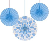 Creative Converting 3-Count Solid and Polka Dots Paper Fans, 12"/16", Pastel Blue