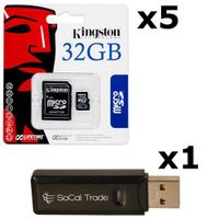 5 PACK - Kingston 32GB MicroSD HC Class 4 TF MicroSDHC TransFlash Memory Card SDC32/32GB 32G 32 GB GIGS (M.A32.RTx5.550) LOT OF 5 with USB SoCal Trade© SCT Dual Slot MicroSD & SD Memory Card Reader - Retail Packaging